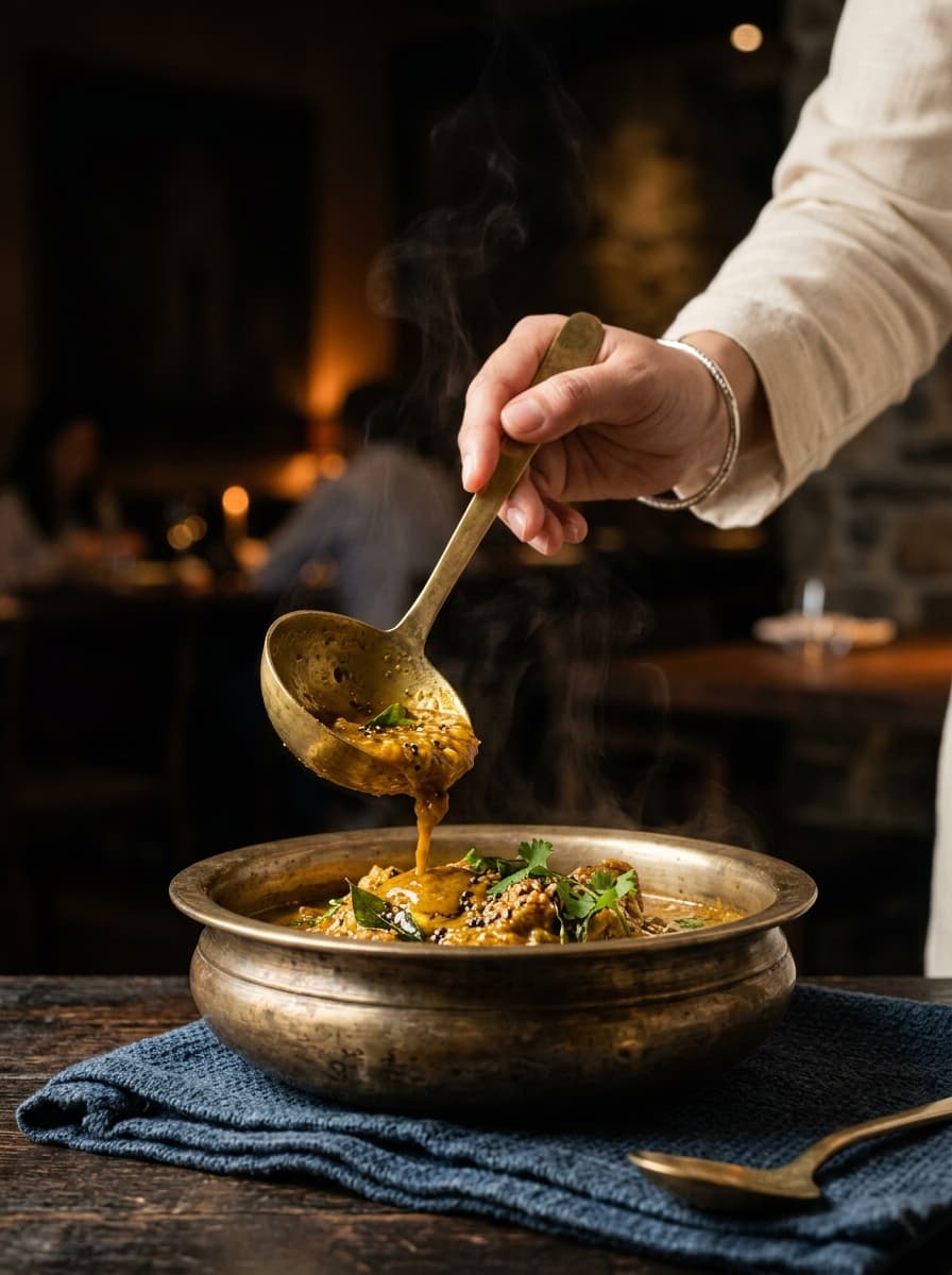 Steaming Gujarati food ladled into a brass kansa bowl