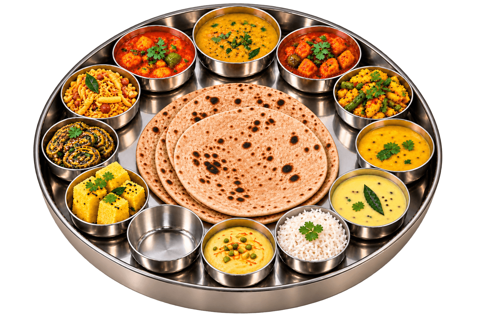 The thali with rotis stacked at the centre among dhokla, patra, dal, kadhi, rice and sabzis