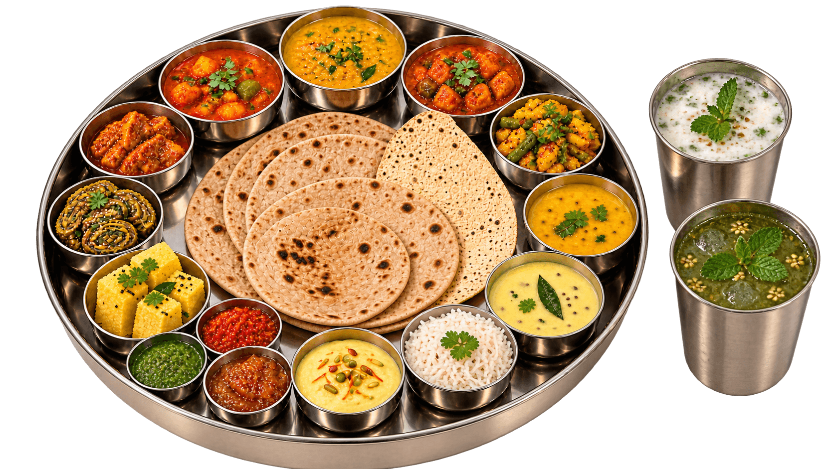 The complete Mahaveer Thal, every katori served, with glasses of chaas and jaljeera beside it